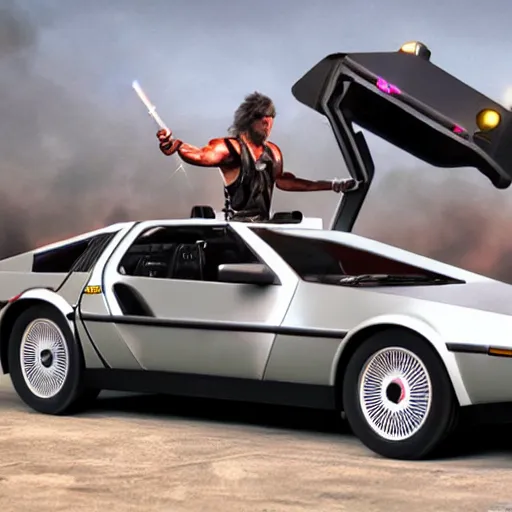 Image similar to photorealistic matte painting of a delorean with weapons, madd maxx movie scene