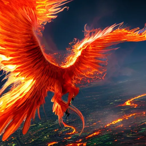 Prompt: hyperdetailed image of a detailed flaming phoenix full image wings spread 8 k extremely detailed hd hyperrealism unreal engine daz 3 d