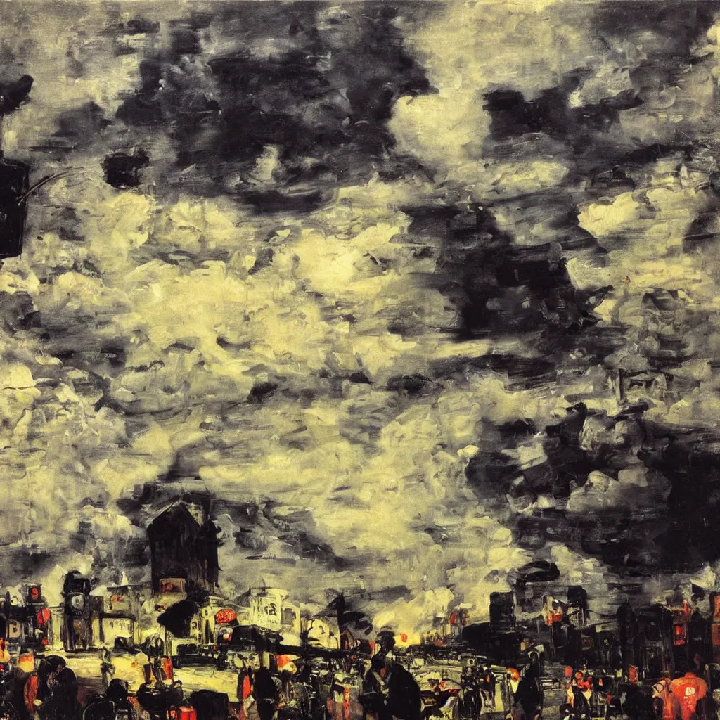 Image similar to a city in the clouds, one raised road leaving the city curving towards viewer, a motorcycle, man wearing leather jacket and black helmet, oil painting, style of george bellows