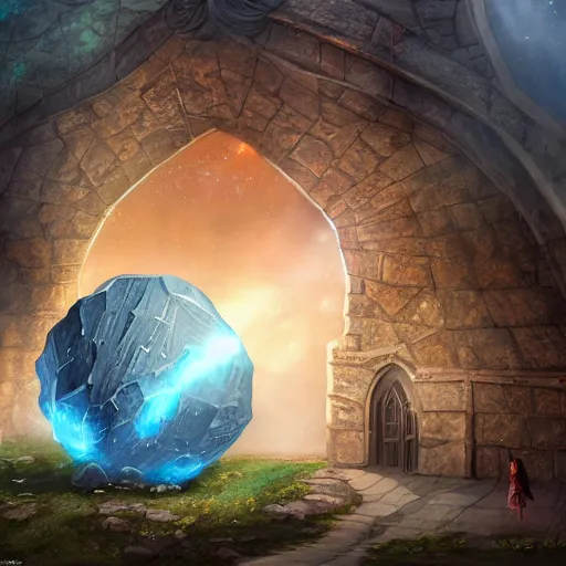 Image similar to A Giant magical gem meteorite in the middle the plaza of a medieval city, beautiful, concept art, sharp focus, highly detailed, intricate, still, photograph, fantasy, medieval, midday, day, sunny, shimmering, realistic, 8k, award winning, trending on artstation, Dungeons and dragons, tabletop, in the style of Wizards of the coast
