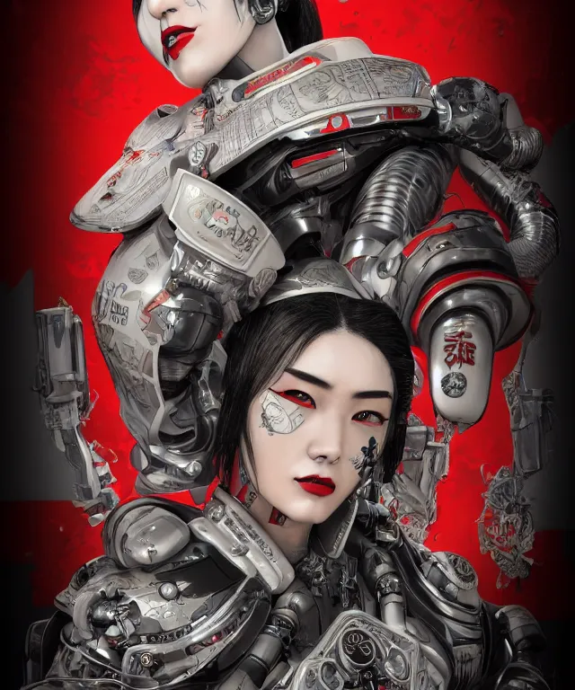 Image similar to an epic fantastic realism comic book style portrait painting of a japanese robotic geisha with kanji tattoos and decals, apex legends, octane render, intricate detail, 4 k hd, unreal engine 5