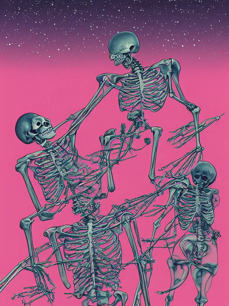 Prompt: album art of an x-ray skeleton with candy brains flying and squirting fluorescent pink liquid in the cosmos, by Kawase Hasui and moebius, scifi, ultra detailed