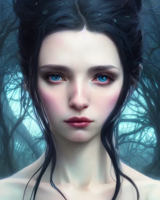 Image similar to highly detailed vfx portrait of a beautiful vampire girl, wonderful eyes, three - dimensional rendering, unreal engine, alexey gurylev, greg rutkowski, loish, rads, beeple, makoto shinkai and lois van baerle, rossdraws, tom bagshaw, alphonse mucha, global lighting, detailed and complex environment