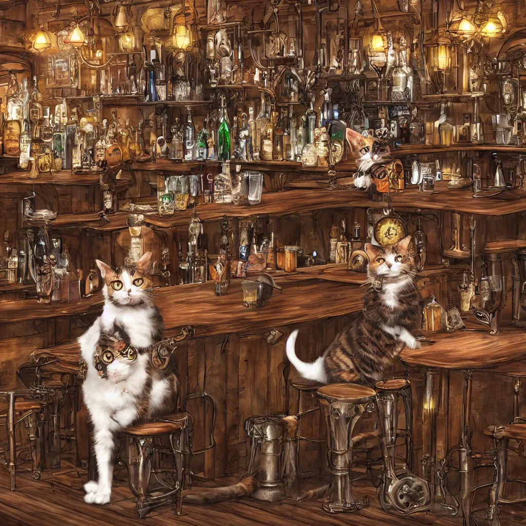 Image similar to photorealistic steampunk cat sitting at a bar