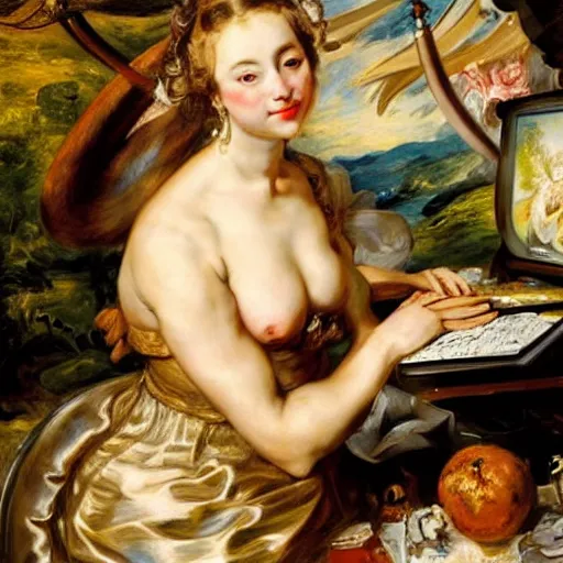 Image similar to heavenly summer sharp land sphere scallop lady working at a computer auslese, by peter paul rubens and eugene delacroix and karol bak, hyperrealism, digital illustration, fauvist