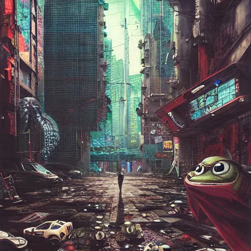 Image similar to a hyperrealistic painting of a cyberpunk city with cyborg pepe the frog walking through portals and robotic aliens, flying cars, cinematic horror by chris cunningham, richard corben, highly detailed, vivid color, beksinski painting, part by adrian ghenie and gerhard richter. art by takato yamamoto. masterpiece