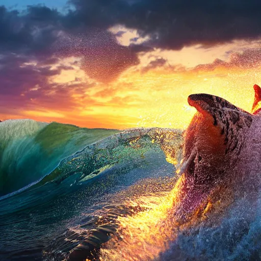 Image similar to a closeup photorealistic photograph of a knitted cute tiger hippopotamus riding an epic wave during sunset. extreme texture. surf in the background. professional capture. brightly lit scene. this 4 k hd image is trending on artstation, featured on behance, well - rendered, extra crisp, features intricate detail, epic composition and the style of unreal engine.