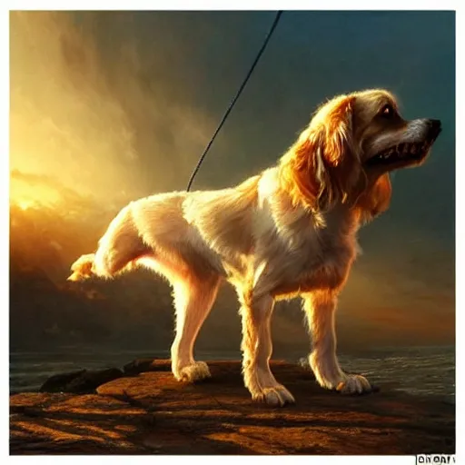 Prompt: a cute dog and a white sneaker shoe with its laces undone, highly detailed, hyperrealistic, sunset in the background, rays of golden sunlight, oil painting by greg rutkowski and artgerm and wlop