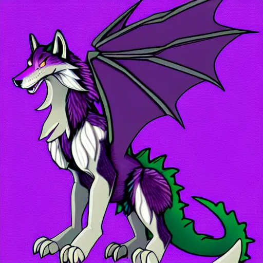 Image similar to giant muscular purple wolf dragon, generic furry style, wearing jeans and a crop top, deviantart, professional furry drawing, insanely detailed, artistic design, wolf - like face