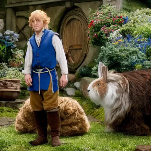 Image similar to hobbit wearing a blue vest and white sash, a british lad as Bartook a teen hobbit with short curly dark brown hair wearing a blue vest with a white sash standing next to a giant rabbit, high resolution film still, movie by Peter Jackson