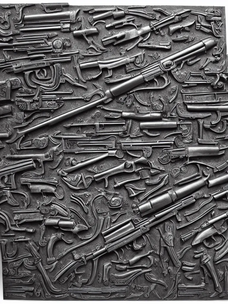 Prompt: relief sculpture carving in black cast iron steel of machine guns shotguns rifles revolvers bullets,dark contrast, dynamic lighting, ultrarealistic, intricate details, 4k