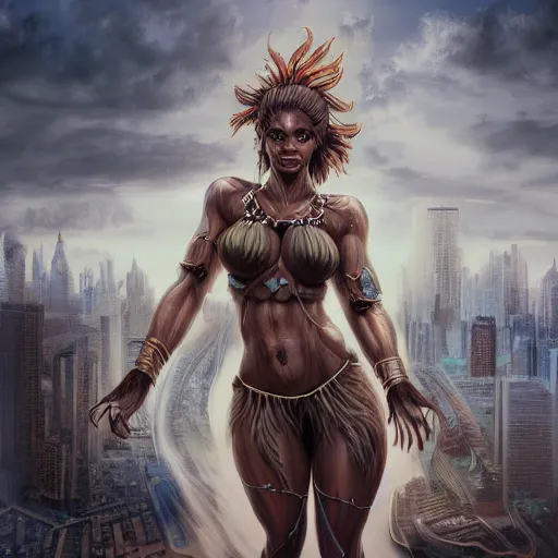 Image similar to a colossal goddess from above, creative, brown skin, giant, digital art, city, town, highly detailed, photo manipulation, up there, dark gray hair, digital painting, on fire, smoke, artstation