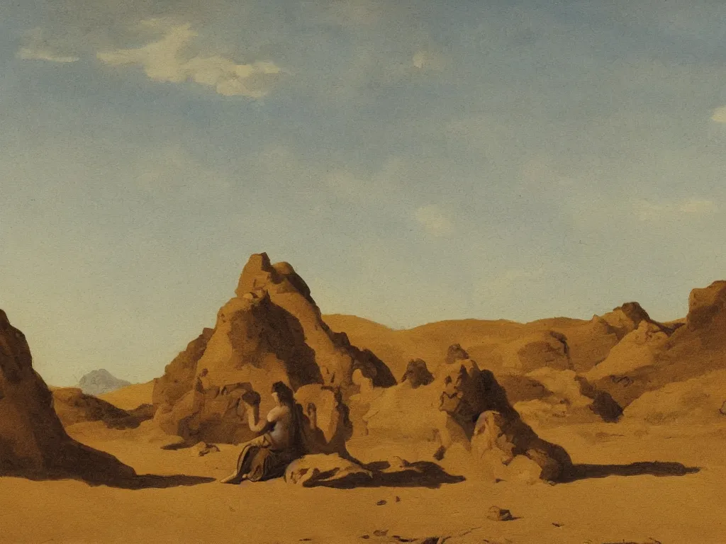 Image similar to scene with figure in the desert. painting by ernst steiner