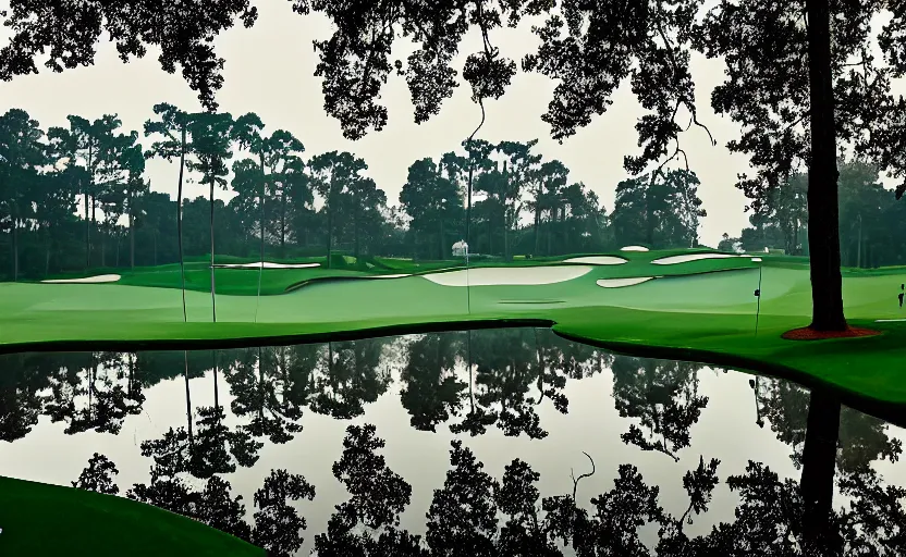 Image similar to nr. 1 2 at augusta national, the masters, many beautiful flowers and magnlia trees, completely flooded with brown water during rain storm, beautiful ambient light, fog,