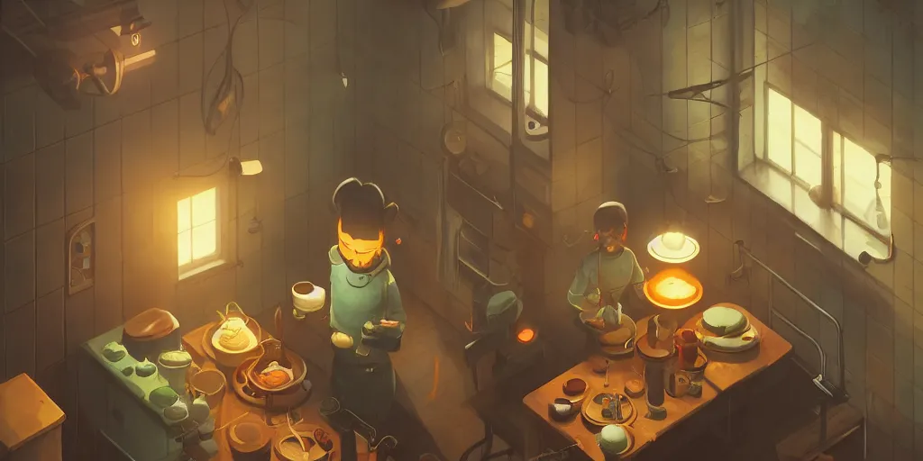 Prompt: cute solitary kitchen dim lit by a candle ripped physique simon stalenhag gerald brom bastien grivet by greg rutkowski, game background, fisheye lens, high angle view, curved lines