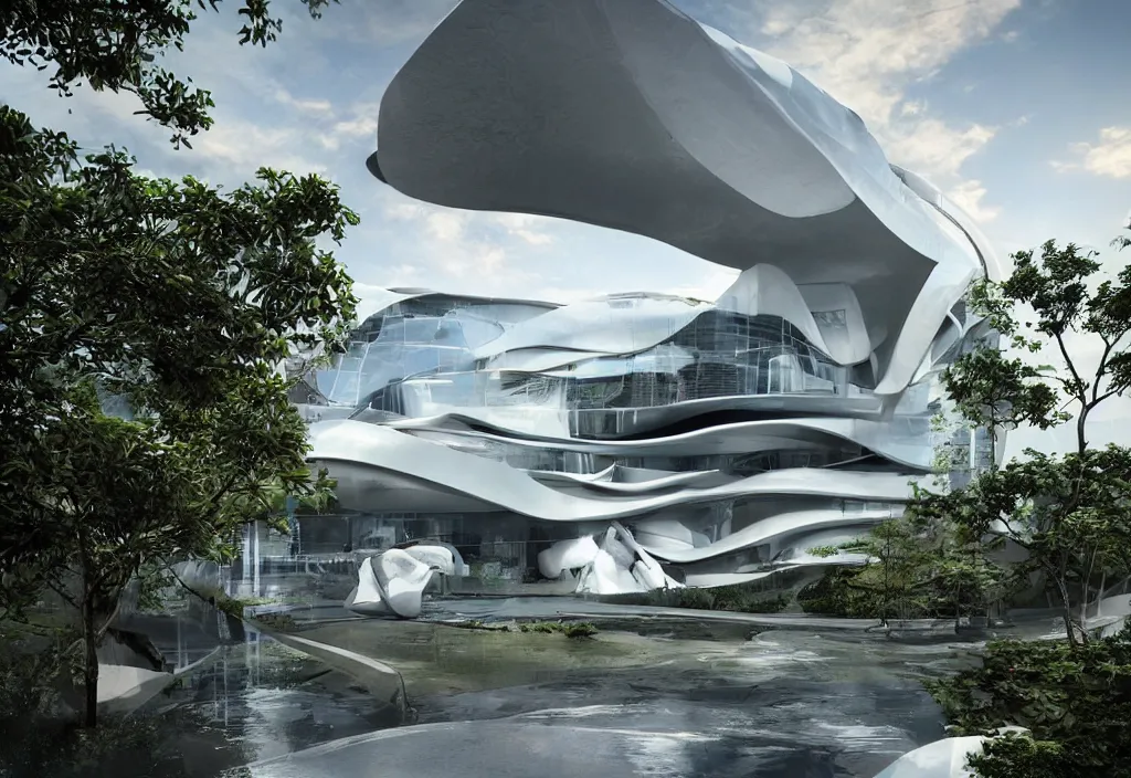 Prompt: outdoor design, style of zaha hadid, clouds, waterfall, island, two - storey glass building, daytime, futuristic, high details, cinematic