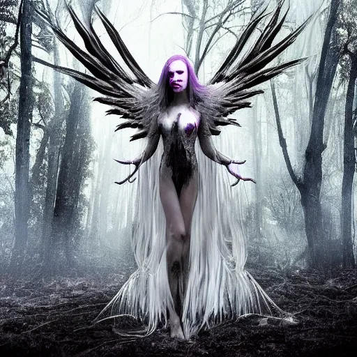 Prompt: ultrarealistic horrific, beautiful banshee with brightly shining wings and white hair imprisoned in a very dark nearly lightless, sombre, horrific forest