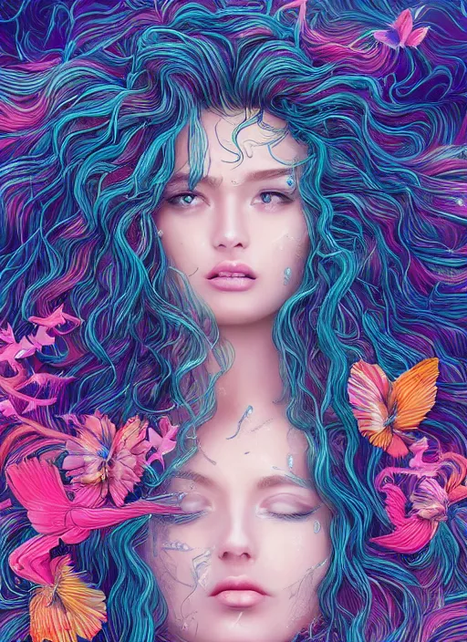 Prompt: surreal, wild hair, waves, beautiful young woman, extremely detailed gorgeous face, sad eyes, tears, sexy body and face, vaporwave aesthetic, synthwave, long luxurious gown, beautiful vibrant birds, butterflies, flowers, colorful, psychedelic, intricate, elegant, highly detailed, digital painting, artstation, concept art, smooth, sharp focus, illustration, art by artgerm and greg rutkowski and alphonse mucha