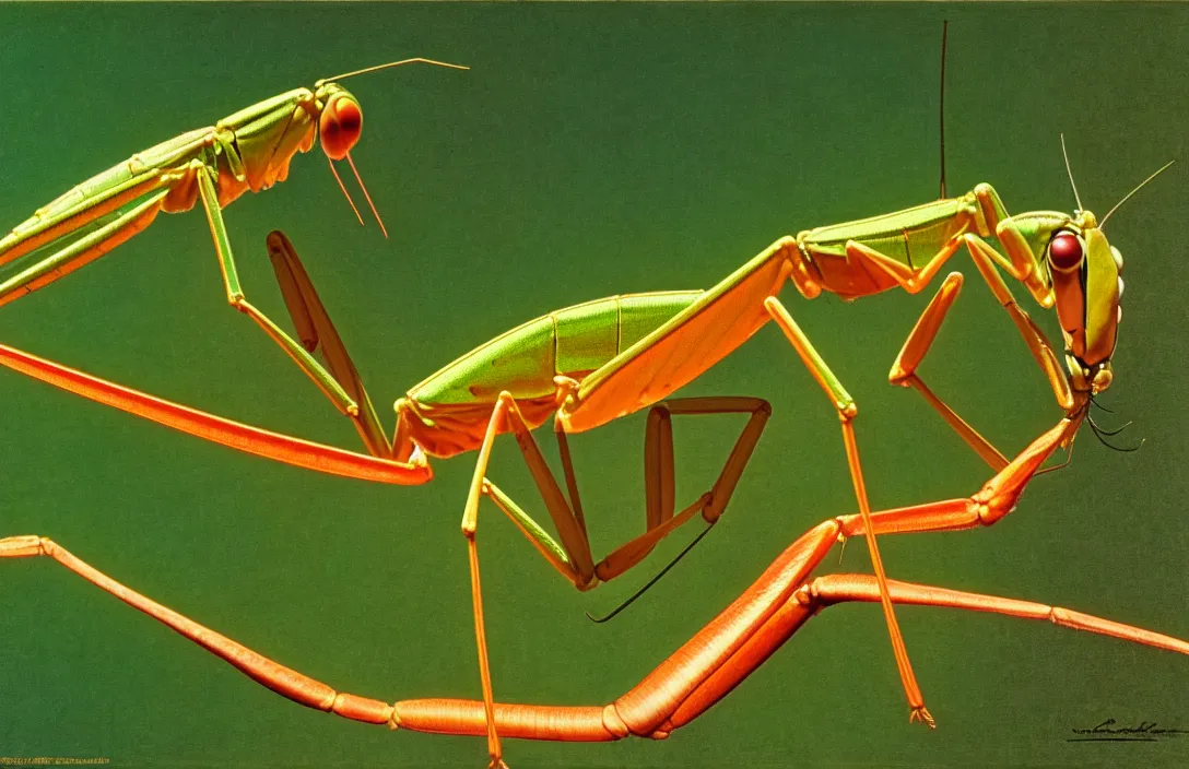 Image similar to implied lines, 4 k criterion collection remastered cinematography a praying mantis eating a dragonfly, photo realistic postprocessing interpolated by syd mead, claude gellee painting by james audubon