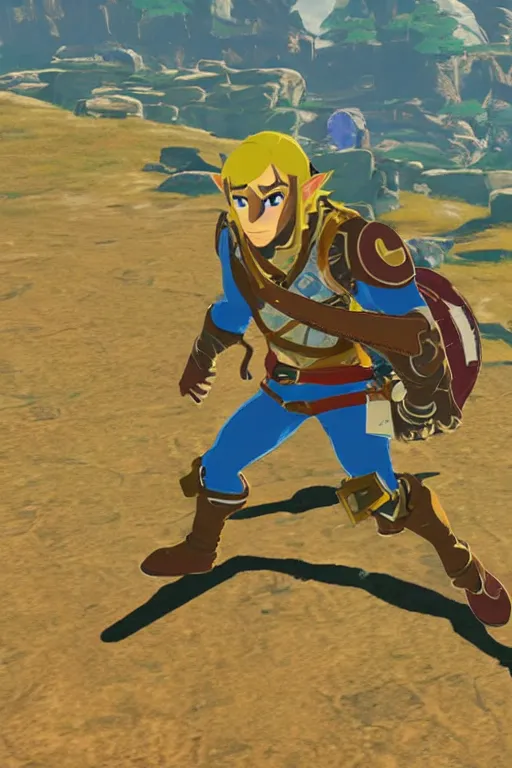 Image similar to in game footage of the character captain falcon in the legend of zelda breath of the wild, breath of the wild art style.