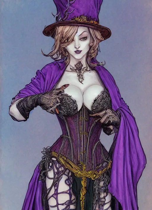 Prompt: painting of alluring necromancer elf, purple skin, long robes and short pants, corset, small hat, spellcasting, high fantasy, dnd,, sharp focus, award - winning, trending on artstation, masterpiece, highly detailed, intricate. art by rebecca guay