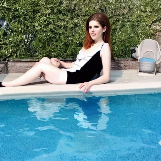 Prompt: anna kendrick lounging beside a pool