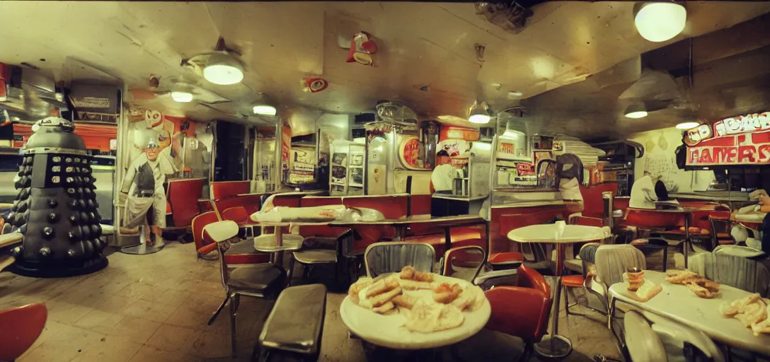 Image similar to daleks serving food, inside a vintage fast food restaurant, hamburgers and soda, happy family, kodak Ektachrome 10, 15mm wide angle close up