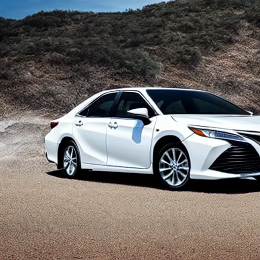 Prompt: a 2020 toyota camry parked at the beach