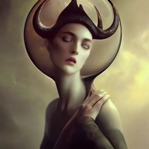 Prompt: By Tom Bagshaw, ultra realist soft painting render of a beautiful face horned single porcelain female in long curvy gothic dress holding with her hands a floating transparent glass sphere, reflection and refraction, symmetry accurate features, very intricate details, deep fog, dark fantasy background, artstation