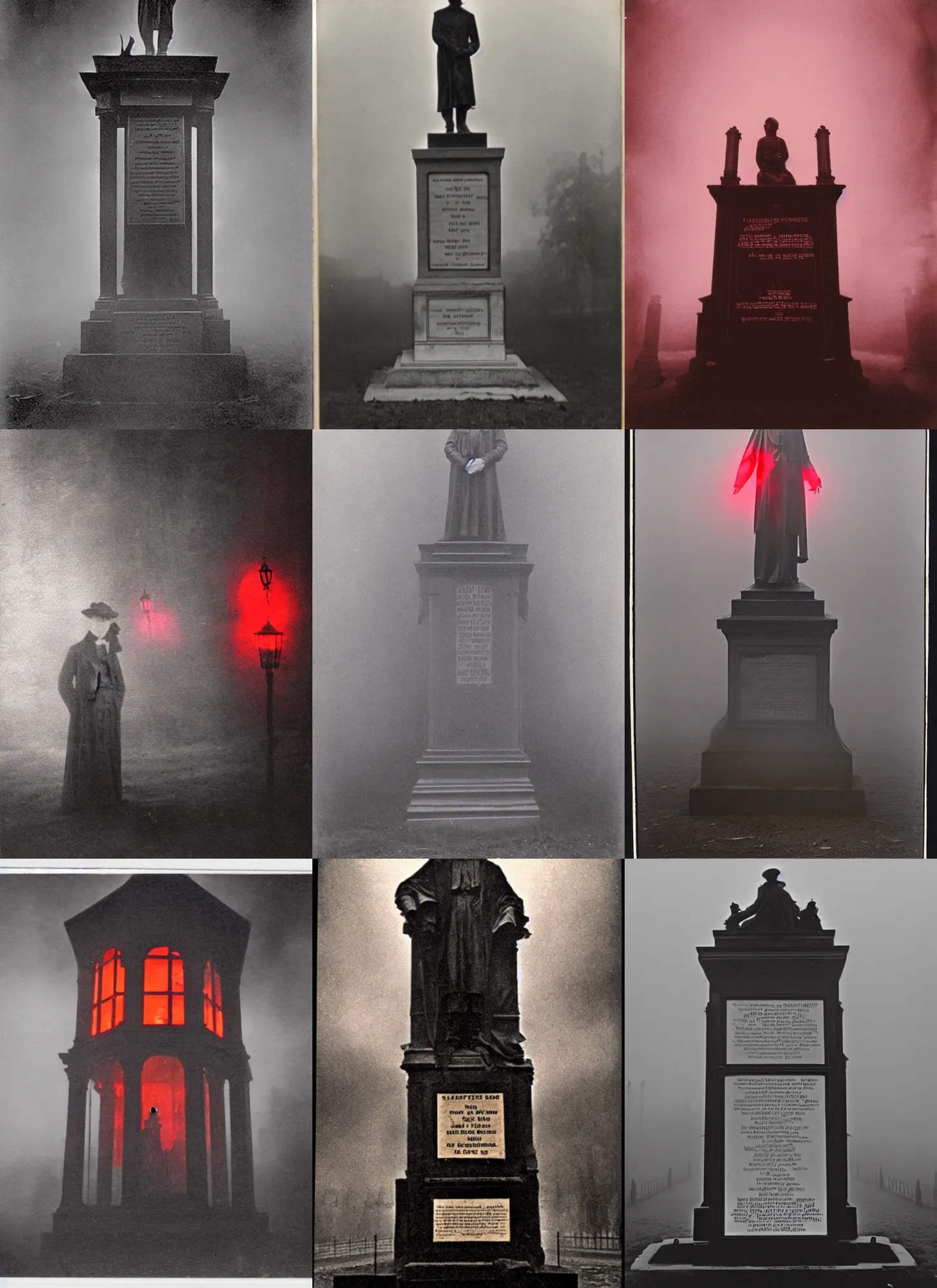 Prompt: photograph of a victorian memorial, scary, lucifer, red lights, 1 9 1 6, fog, atmospheric