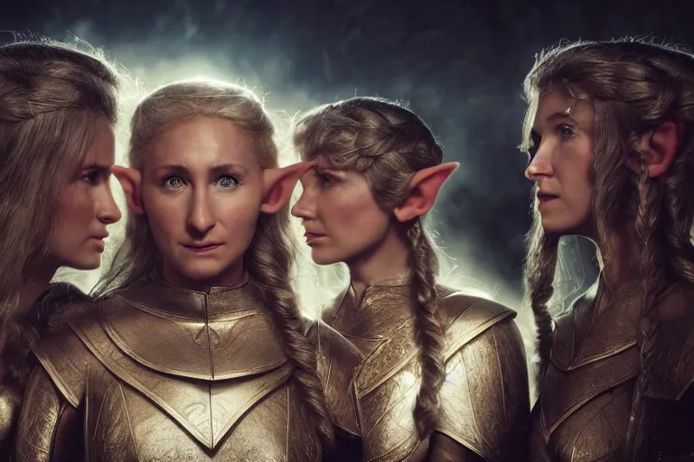 Image similar to a cinematic headshot portrait of three female elf warriors, 8 k, ultra realistic, movie still, dramatic lighting, mist, rays of light, by annie leibovitz