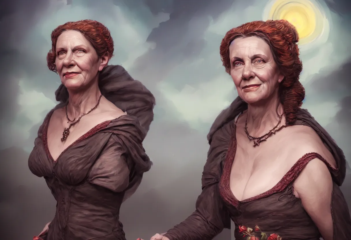 Image similar to beautiful render of my aunt beatrice painted by my neighbour adam who has a sister which is a lousy magician, a terrible cook and but has great body. fantasy matte painting, concept art, cinematic, beautiful illustration, detailed, award winning photography, masterpiece