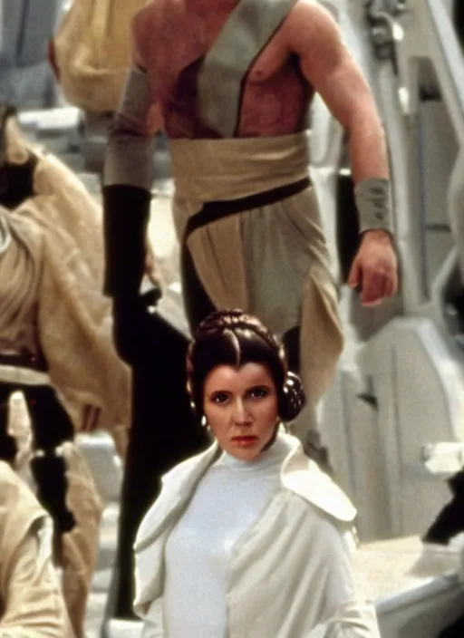 Image similar to Harrison Ford dressed as Princess Leia, photo from movie set