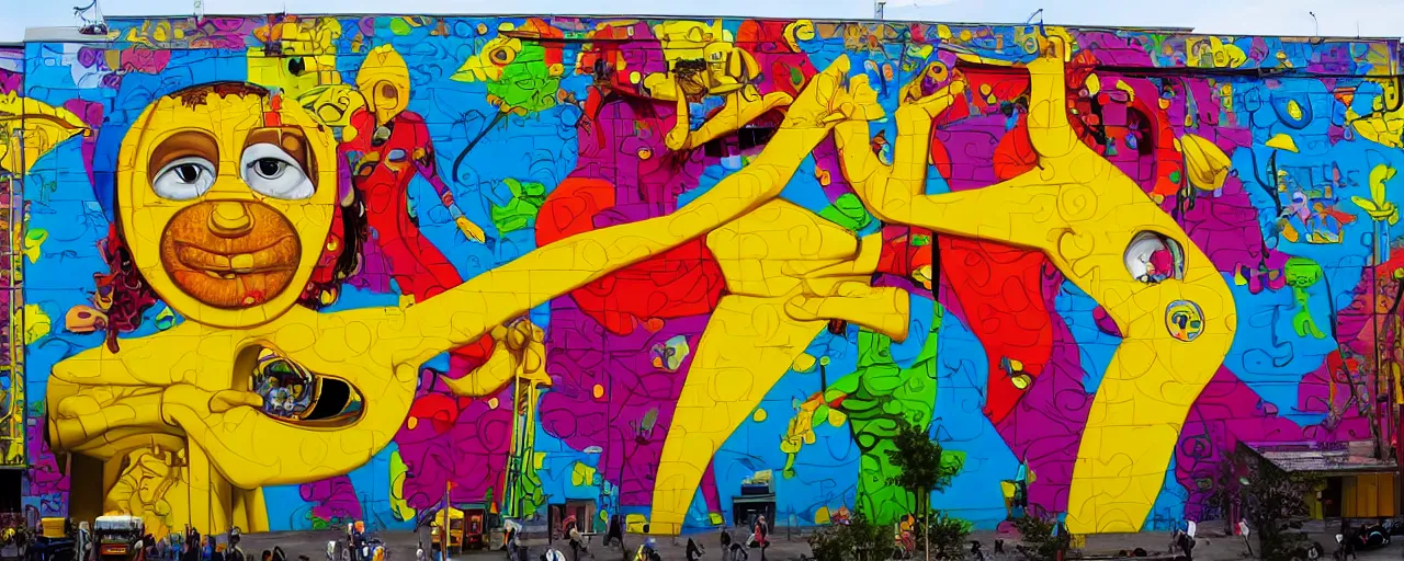 Prompt: a huge and complex mural by os gemeos, street art style, graffiti, hyperdetailed