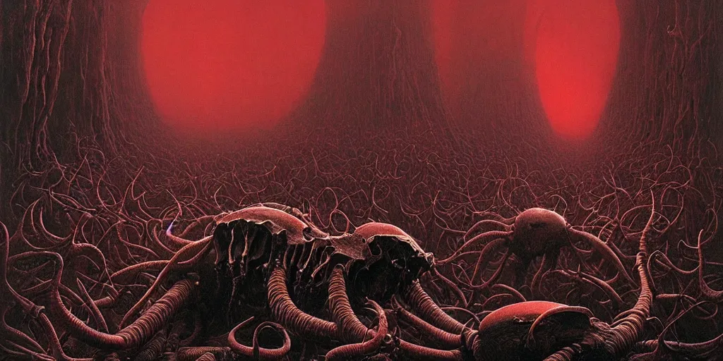 Prompt: horde of dark red insects crawling through the cavities of a large moose skull, Zdzislaw Beksinski, Wayne Barlowe, gothic, cosmic horror, dystopian, biomorphic, lovecraftian, amazing details, cold hue's