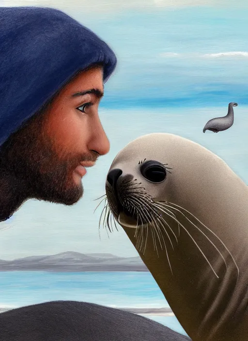 Prompt: a young man and a seal staring at each other intently. the man has brown curly hair, brown beard, small nose, blue eyes. the seal is gray. digital painting by annie lebowitz. extremely detailed, ultra realistic