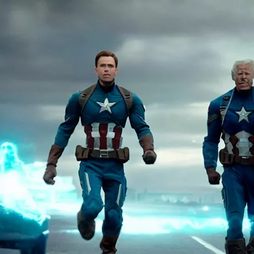 Image similar to movie still of captain america in avengers infinity war saving joe biden