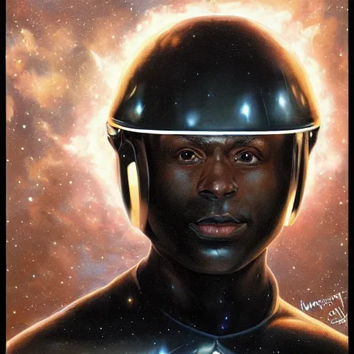 Prompt: photoreal had portrait of a powerful black man in scifi helmet, space nebula milky way background, by norman rockwell and boris vallejo, artstation, concept character art