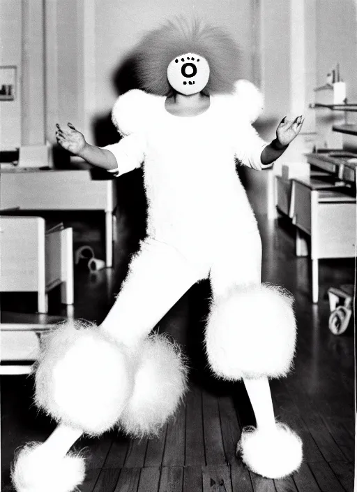 Image similar to realistic photo portrait of the person, white carnival fluffy mask no eyes no mouth, wearing hairy fluffy cotton shorts, dancing in the spacious wooden polished and fancy expensive wooden laboratory hall interior 1 9 9 0, life magazine reportage photo