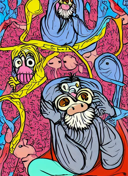 Prompt: digital art illustration of the three wise monkeys, colorful digital art by ralph goings, soft edges, brightly coloured comic book style painting