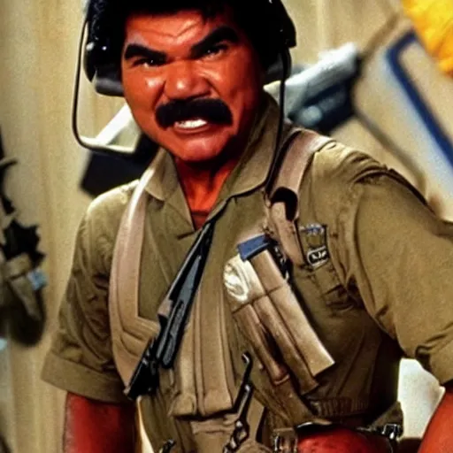 Image similar to George Lopez dressed as a Colonial Marine from Aliens (1986).