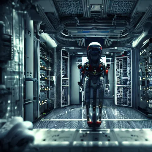 Image similar to high detailed industreal cyborg working in sci - fi server room. cinematic shot from alien isolation