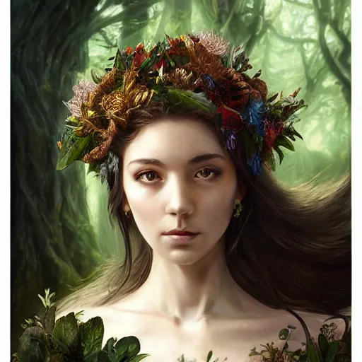 Prompt: A masterpiece portrait of a Incredibly beautiful queer druid girl . The Queen of the Forest.medium shot, intricate, elegant, highly detailed. trending on artstation, digital art, by Stanley Artgerm Lau, WLOP, Rossdraws, James Jean, Andrei Riabovitchev, Marc Simonetti, Yoshitaka Amano