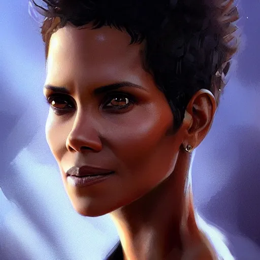 Prompt: “ portrait of halle berry by greg rutkowski, young, attractive, highly detailed portrait, scifi, digital painting, artstation, concept art, smooth, sharp foccus ilustration, artstation hq ”