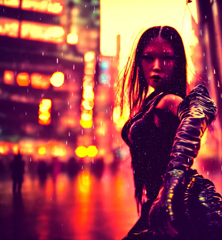 Image similar to a photo close up cyberpunk woman dancing in the rain, cyberpunk hiroshima, prefecture streets, sunset, photorealistic, cinematic lighting, highly detailed, bokeh, style by tomino - sama