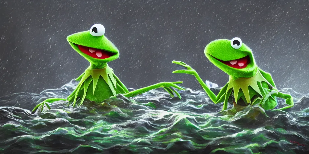 Prompt: of a dark and stormy ocean with large strange Kermit the Frog with big eyes, big mouth and big teeth appearing from the water, in the style of Gaudi, macro lens, shallow depth of field, highly detailed, digital painting, trending artstation, concept art, illustration, cinematic lighting, vibrant colors, photorealism, epic, octane render