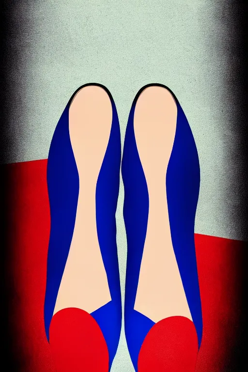 Image similar to minimal movie poster, mismatched red and blue shoes, dramatic