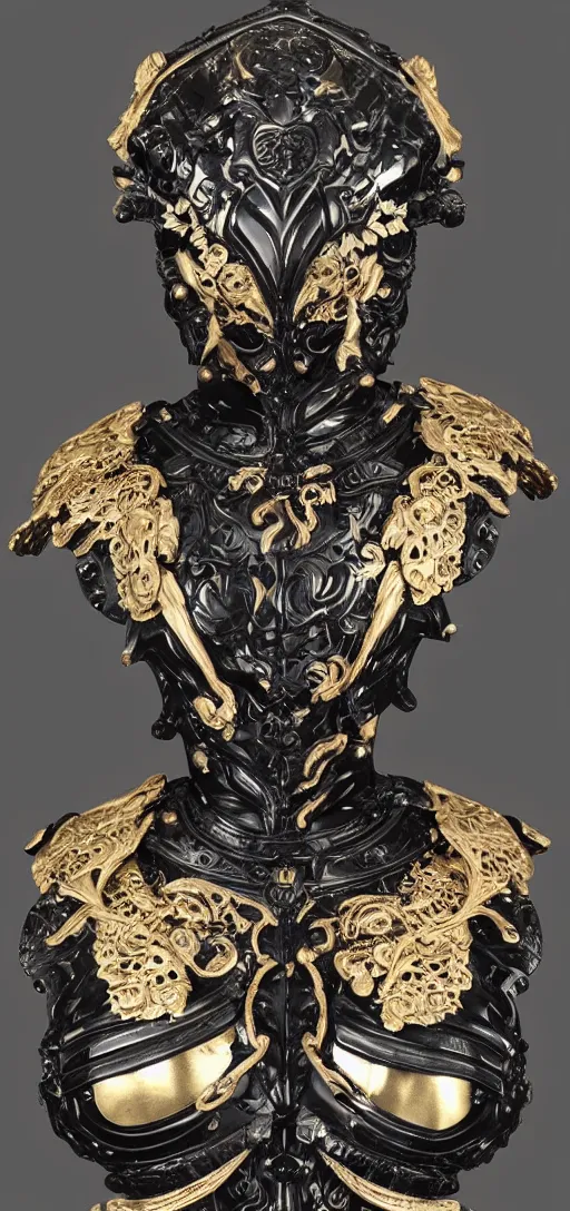 Image similar to carved black marble mechanical bust wearing hard surface armour, subtle gold accents, frontal view, ivory rococo, wings lace wear, hyper detailed, insane details, intricate