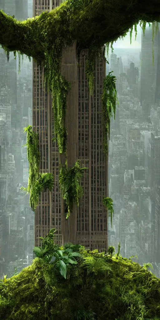 Prompt: an epic view of vines and moss growing on the empire state building, moss, jungle, with pterosaurs flying, close - up, low angle, wide angle, atmospheric, volumetric lighting, cinematic, 8 k, octane render, unreal engine, very realistic, highly detailed digital art, painted by tyler edlin