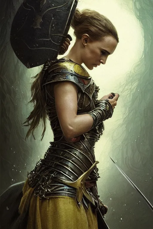 Image similar to natalie portman, legendary warrior, heroic fighter, lord of the rings, tattoos, decorative ornaments, battle armor, by carl spitzweg, ismail inceoglu, vdragan bibin, hans thoma, greg rutkowski, alexandros pyromallis, perfect face, finely detailed, realistic shading